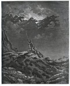 Don Quixote geht auf Mission für Dorothee, begleitet von Sancho Panza, Barbier, Dorothee, Pfarrer und Cardenio - aus „Don Quixote de la Mancha“ von Miguel Cervantes (1547-1616) - Holzschnitt nach einer Zeichnung von Gustave Dore