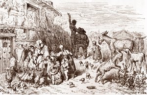 Don Quijote überredet seinen Nachbarn Sancho Panza, sein Knappe zu werden, Gravur von Gustave Doré für 