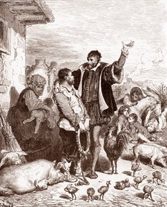 Don Quijote überredet seinen Nachbarn Sancho Panza, sein Knappe zu werden, indem er ihm verspricht, ihn zum Gouverneur einer eroberten Insel zu machen