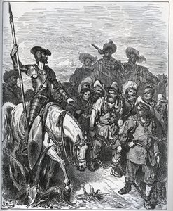 Don Quijote befragt die Kräfte nach den Gründen für ihre Überzeugungen - aus „Don Quijote de la Mancha“ von Miguel Cervantes (1547-1616) (Don Quijote) - Holzschnitt nach einer Zeichnung von Gustave Doré