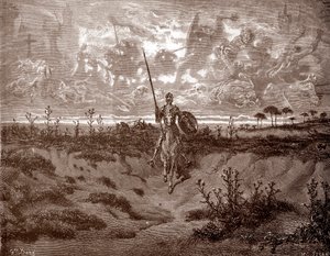 Don Quijote bricht zu seinen Abenteuern auf, Gravur von Gustave Doré für „L