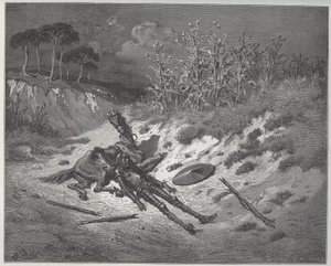 Don Quixote verwundet, fleht um Gnade und Hilfe der Figuren seiner Fantasie - aus „Don Quixote de la Mancha“ von Miguel Cervantes (1547-1616) - Holzschnitt nach einer Zeichnung von Gustave Dore