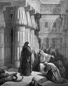 Ägypter drängen Moses zum Aufbruch, von Doré. - Bibel von Gustave Dore