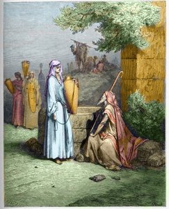 Eliezer und Rebekka - Eliezer, der Diener Abrahams, wird von Rebekka mit Wasser versorgt - Eliezer und Rebekka - Gravur in „Die illustrierte Bibel“ von Gustave Doré (1832-1883) - Gravur aus „Die Doré-Bibel“ von Gustave Dore