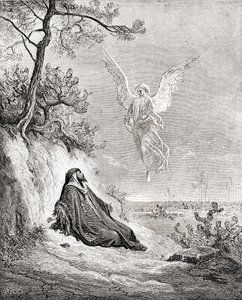 Elia wird von einem Engel genährt (nach einem Werk aus der Bibel von Gustave Doré, aus Leben und Erinnerungen von Gustave Doré, veröffentlicht 1885) von Gustave Dore
