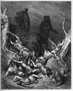 Elisa verflucht die Jugendlichen von Bethel - Die Kinder von Bethel werden von Bären zerstört - Elia verflucht die Jugendlichen von Bethel - Gravur in „The Bible illustree“ von Gustave Dore (1832-1883) - Gravur aus „The Dore Bible“