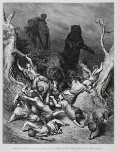 Elisa sieht zu, wie die Kinder von Bären zerstört werden, Illustration aus der Dore-Bibel von Gustave Dore