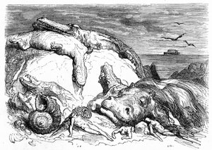 Stich von Gustave Doré um 1850: Evokation einer apokalyptischen Sintflut, die biblische Tradition (man sieht in der Ferne die Arche Noah auf dem Meer) und den Beginn wissenschaftlicher Erkenntnisse kombiniert (verschiedene monströse Tiere sind auf dem Berg