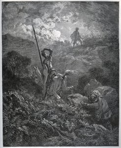Erste Erscheinung der Deguenille-de-la-Malaise-Mine - aus „Don Quijote de la Mancha“ von Miguel Cervantes (1547-1616) (Don Quijote) - Holzschnitt nach einer Zeichnung von Gustave Dore. von Gustave Dore