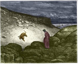 Erster Gesang der Hölle, ein Panther versperrt Dantes Weg. Illustration von Gustave Doré