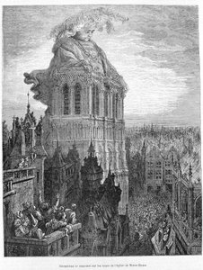 Gargantua ruht auf den Türmen der Kirche Unserer Lieben Frau. Gravur nach dem Werk Gargantua von François Rabelais (1483 - 1553)