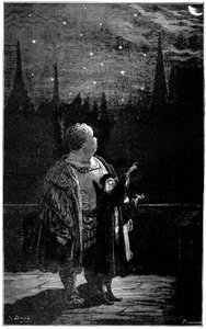 Gargantuas Erziehung: In der Nacht beobachtet der junge Riese mit einem Astronomen Sterne und Kometen am Nachthimmel. Illustration von Gustave Doré zum Werk von Rabelais.