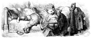 Gargantuas Erziehung: Der Riese als Kind liegt auf seinem Bett und studiert einen Globus mit seinen Lehrern. Illustration von Gustave Doré für das Werk von François Rabelais von Gustave Dore
