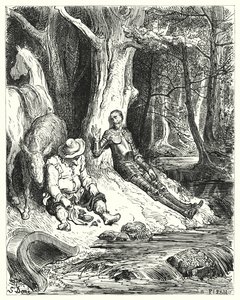 Gustave Dorés Don Quixote: "Ein klarer Brunnen, den Don Quixote und Sancho unter einigen grünen Bäumen fanden, diente ihnen zur Erfrischung" von Gustave Dore