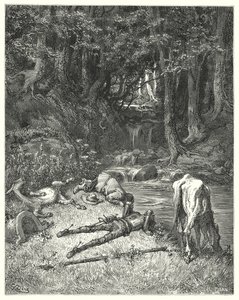 Gustave Dorés Don Quixote: "Eine Wiese, die von einem Bach bewässert wurde, lud sie ein, abzusteigen" von Gustave Dore