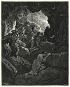 Don Quijote: "Eine Gruppe mit Offizieren wird ausgesandt ... die die arme verliebte Leandra in einer Höhle eines der Berge finden" (Gravur) von Gustave Dore