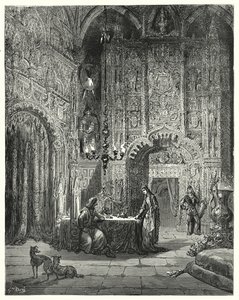 Eine andere Jungfrau kommt in den Raum und beginnt ihm zu erzählen, was für ein Schloss das ist und wie sie darin verzaubert ist (Illustration von Don Quixote) von Gustave Dore