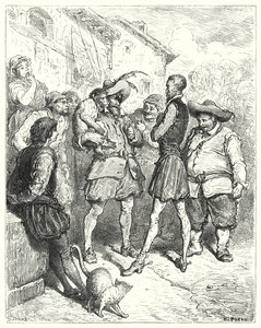 Don Quijote: "Bei diesen Worten stand Don Quijote erstaunt da" (Gravur) von Gustave Dore