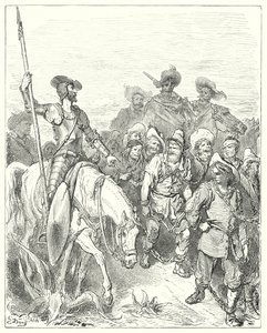 Gustave Dorés Don Quixote: "Don Quixote fragte den ersten, für welche Verbrechen er in diesen elenden Umständen sei" von Gustave Dore