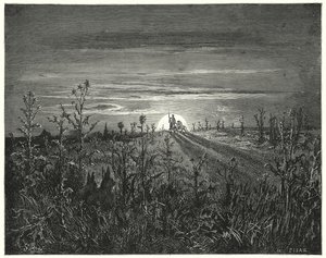 Gustave Dorés Don Quixote: "Freund Sancho," sagte Don Quixote, "ich finde, die herannahende Nacht wird uns einholen, bevor wir Toboso erreichen können" von Gustave Dore