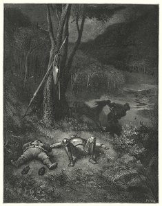 Gustave Dorés Don Quixote: "Gines, der weder Dankbarkeit noch Menschlichkeit kannte, beschloss, mit Sanchos Esel wegzureiten" von Gustave Dore