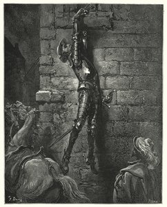 Gustave Dorés Don Quixote: "Er wäre unvermeidlich zu Boden gefallen, hätte sein Handgelenk nicht sicher am Seil befestigt gewesen"