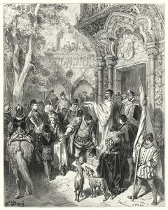 Gustave Dorés Don Quixote: "Er küsste die Hand des Herzogs und der Herzogin beim Abschied und erhielt den Segen seines Herrn" von Gustave Dore