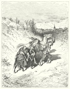Gustave Dorés Don Quixote: "Er führte sie alle ins Dorf und ging selbst zu Fuß, sehr nachdenklich" von Gustave Dore