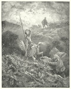 Gustave Dorés Don Quixote: "Er spähte auf die Spitze eines felsigen Abhangs direkt vor ihm und sah einen Mann, der von Felsen zu Felsen mit wunderbarer Beweglichkeit sprang" von Gustave Dore