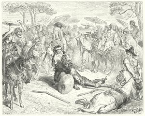 Gustave Dorés Don Quixote: "Trotz seiner Waffen drosch er ihn wie ein Weizengarben" von Gustave Dore