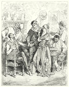 Gustave Dorés Don Quixote: "Sancho und sein Herr verweilten drei Tage bei dem jungen Paar und wurden wie Fürsten bewirtet" von Gustave Dore