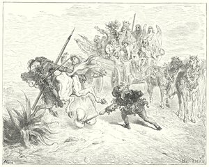 Gustave Dorés Don Quixote: "Der Narr des Stücks kam mit seinen Schellen tanzend herbei" von Gustave Dore
