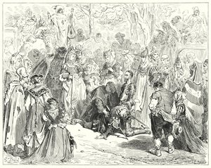 Gustave Dorés Don Quixote: "Die arme Jungfrau, zitternd und verängstigt, ohne ein Wort zu sprechen, kam zu dem armen Basil" von Gustave Dore