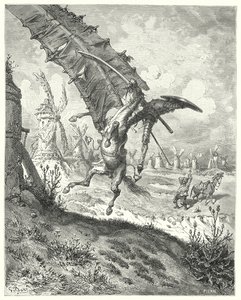 Gustave Dorés Don Quixote: "Das Segel schleuderte sowohl Ritter als auch Pferd mit sich fort" von Gustave Dore