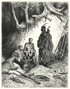 Gustave Dorés Don Quixote: "Die Knappen ließen Don Quixote, Roque und Sancho zurück, um auf ihre Rückkehr zu warten" von Gustave Dore