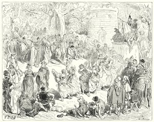 Don Quijote: "Sie wurden von einem ehrwürdigen alten Mann und einer matronenhaften Frau geführt" (Gravur) von Gustave Dore