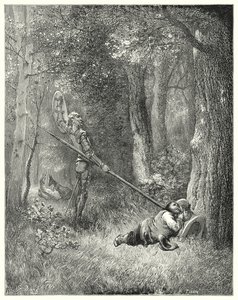 Auf all diese feine Erörterung antwortete Sancho kein Wort (Illustration von Don Quixote) von Gustave Dore