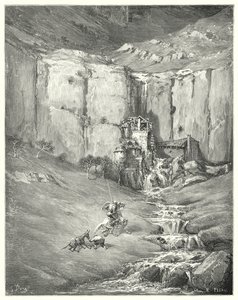 Gustave Dorés Don Quixote: "Als sie näher kamen, erschrak selbst der geduldige Rozinante vor dem schrecklichen Geräusch" von Gustave Dore