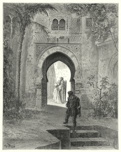 Don Quijote: "Zoraida, die Besorgnis in ihrem Blick zeigte, ging mit ihrem Vater weg" (Gravur) von Gustave Dore