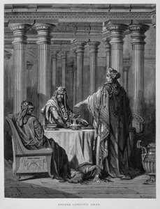 Haman wird von Königin Esther angeklagt, Illustration aus der Dore-Bibel