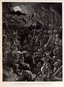 Illustration von Rittern im Kampf während eines mondbeschienenen Abends von Gustave Dore