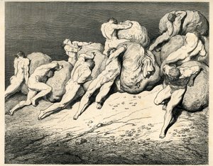 Im vierten Kreis der Hölle, unter dem Pluto (Hades) herrscht, tragen und rollen die Geizigen und Verschwender schwere Lasten (Felsen) und stoßen wütend zusammen. Gravur aus Die Hölle von Dante Alighieri (Die Göttliche Komödie), illustriert von Gustave Doré