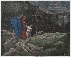Inferno, Gesang 15: Brunetto Latini spricht Dante an, Illustration aus "Die Göttliche Komödie" von Dante Alighieri, 1885