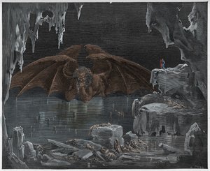 Inferno, Gesang 34: Luzifer, König der Hölle, im Eis gefroren, Illustration aus "Die Göttliche Komödie" von Dante Alighieri, 1885 von Gustave Dore