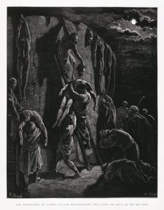 Jabesch-Gileaditen bergen die Leichen von Saul und seinen Söhnen, Illustration aus der Dore-Bibel von Gustave Dore