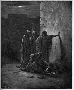 Jehus Gefährten finden die Überreste von Isebel - Holzstich zur Bibel von Gustave Doré - Jehus Gefährten finden Isebels Kopf und Extremitäten - Gravur in „Die illustrierte Bibel“ von Gustave Doré (1832-1883) - Gravur aus „Die Doré-Bibel“ von Gustave Dore