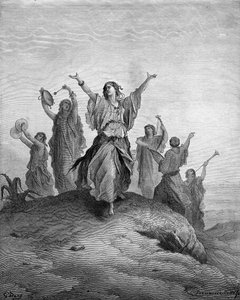 Jephtas Tochter Iphis tanzt auf ihn zu - Bibel von Gustave Dore