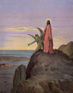 Jesus in der Wüste, der Versuchung des Teufels ausgesetzt - Die Versuchung Christi - Satan versuchte Jesus - Gravur von Gustave Doré - spätere Kolorierung von Gustave Dore