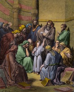 Jesus mit den Schriftgelehrten im Tempel - Jesus im Tempel unter den Schriftgelehrten - Gravur von Gustave Doré (1832-1883) - spätere Kolorierung von Gustave Dore