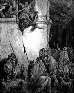 Isebel, phönizische Prinzessin und Frau von König Ahab von Israel, wird auf Befehl von Jehu aus dem Fenster geworfen und ihr Körper wird von Hunden gefressen (2. Könige 9,33, aus der illustrierten Bibel von Gustave Doré, Holzstich, 1866) von Gustave Dore